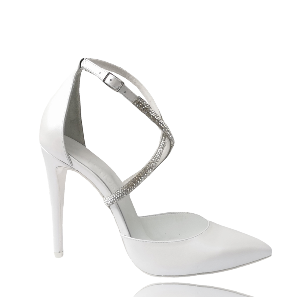 Pantofii stiletto pentru mireasă din piele naturală albă cu cristale
