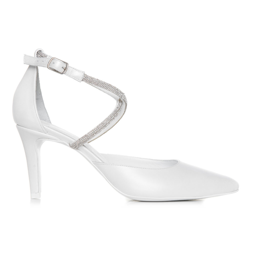 Pantofi stiletto cu toc mediu din piele naturală albă cu cristale
