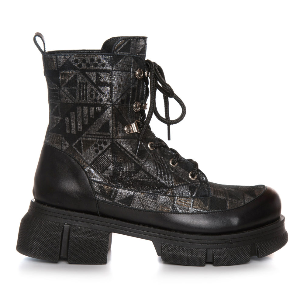 Bocanci Army Style din piele naturală negru cu argintiu, Veronesse 897/Ruby