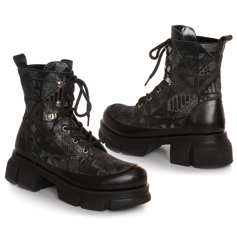 Bocanci Army Style din piele naturală negru cu argintiu, Veronesse 897/Ruby - imagine 3