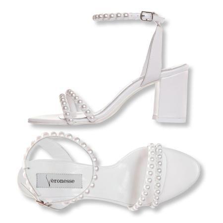 sandale albe cu perle pe toc masiv piele naturala Veronesse