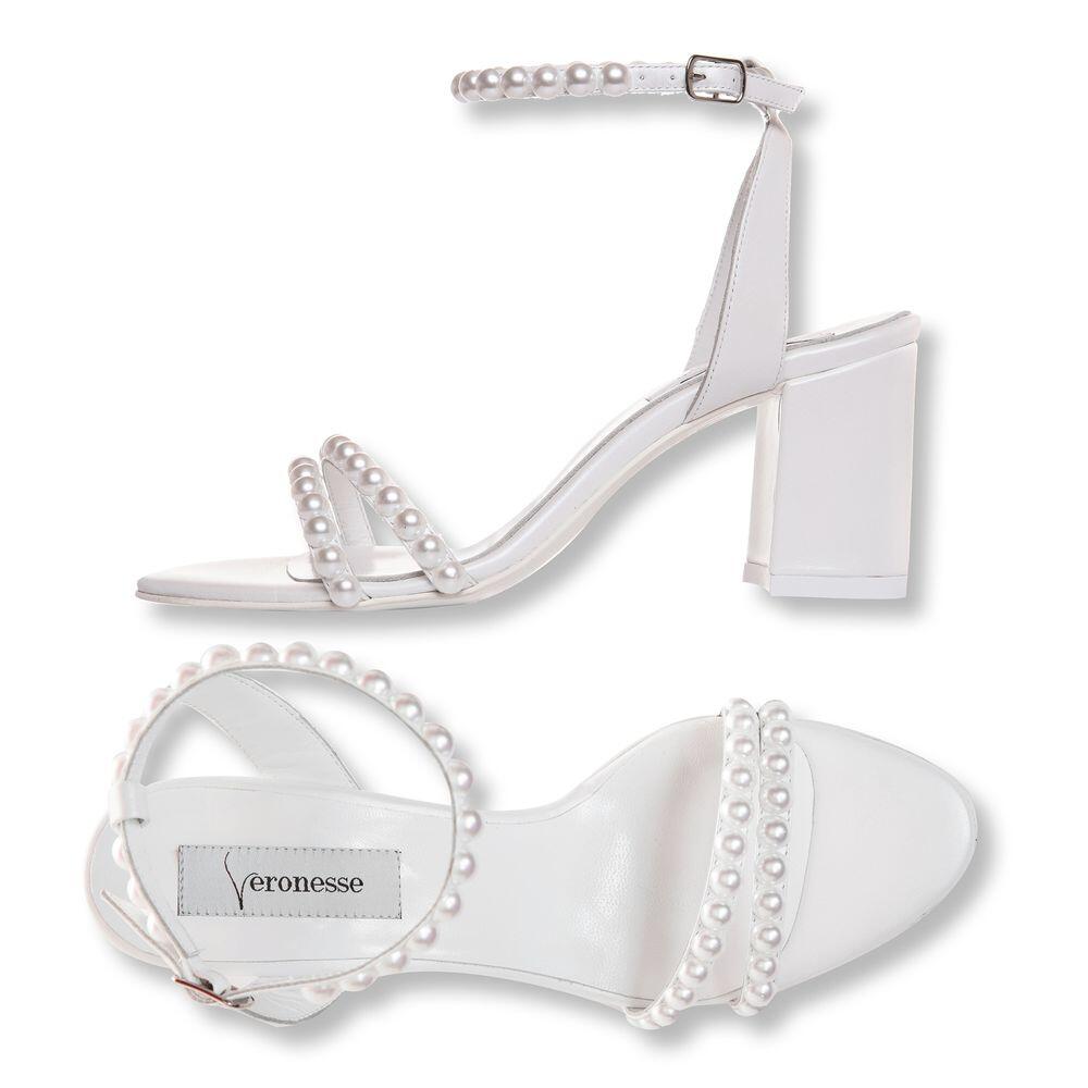 sandale albe cu perle pe toc masiv piele naturala Veronesse