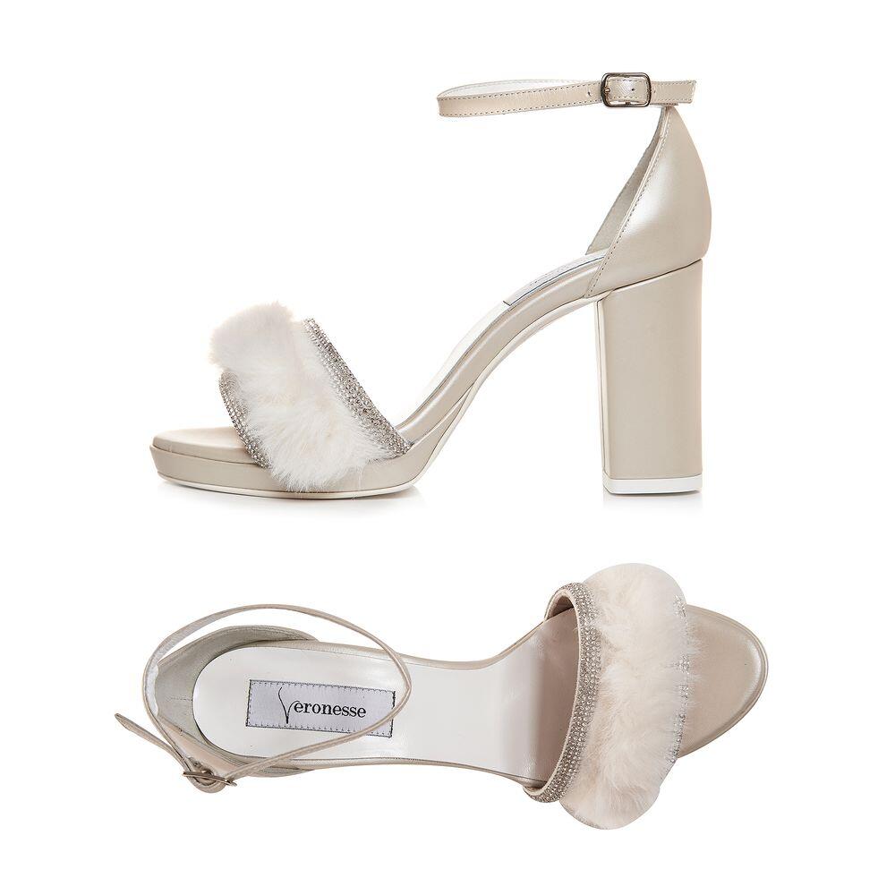 Sandale mireasă din piele naturală ivory cu cristale și blană ecologică, realizate la comandă, Veronesse Luna