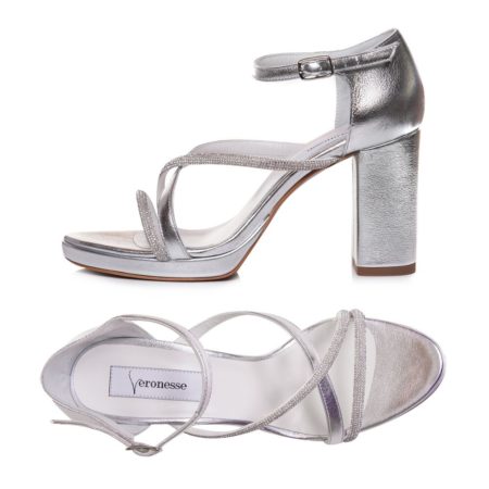 Sandale din piele naturală argintie și cu aplicații de cristale, realizate la comandă, Veronesse Megan