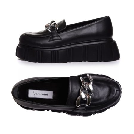 Pantofi casual cu detaliu metalic din piele neagra