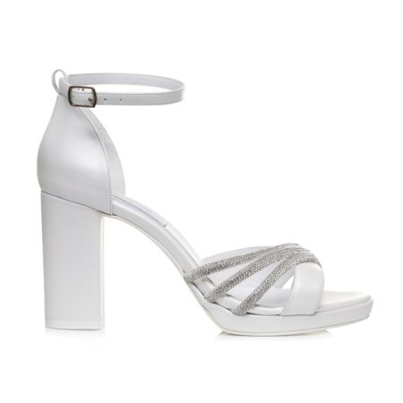 Sandale mireasă Blanca – Piele naturală, cristale, toc gros 8.5 cm , realizate pe comandă