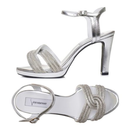 Sandale elegante Dune din piele naturală argintie și cristale, create la comandă