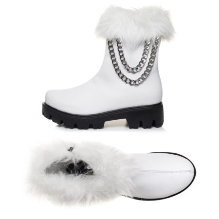Botine din piele naturală albă cu lanțuri metalice și blană eco – Winter PM