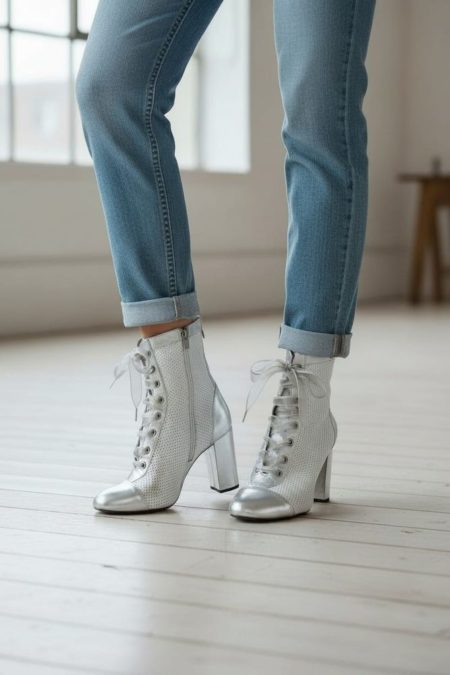 Modelul dispune de toc gros stabil, vârf ușor rotunjit și închidere cu șireturi satinate, oferind un look feminin, urban și versatil. Finisajul argintiu metalizat adaugă un plus de rafinament și poate transforma orice ținută simplă într-una spectaculoasă.