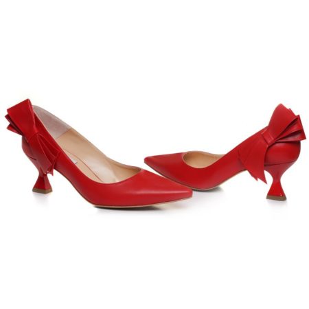 Pantofi Rubina – piele naturală roșie, cu fundă elegantă, lucrați manual în România