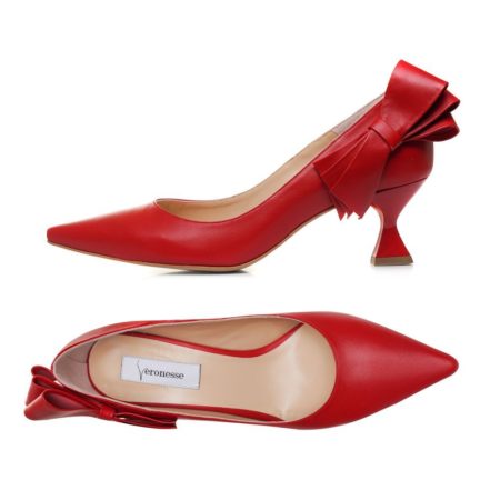 Pantofi Rubina – piele naturală roșie, cu fundă elegantă, lucrați manual în România