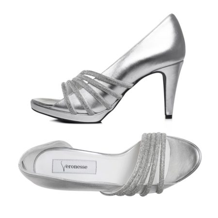 Sandale elegante argintii din piele naturală, cu cristale și toc mediu