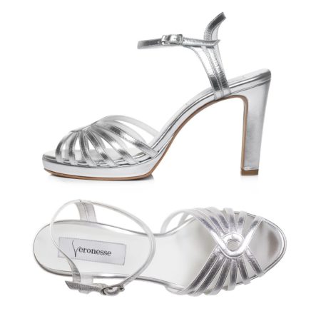 Sandale elegante argintii din piele naturală, cu toc și platou