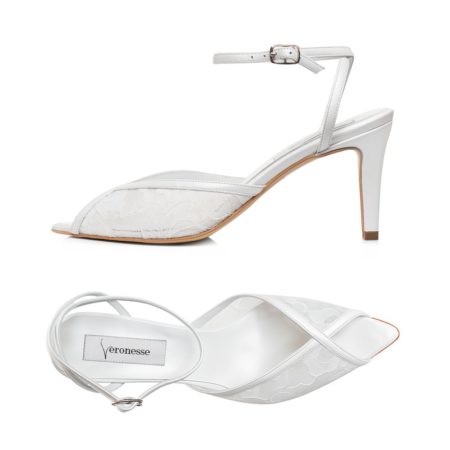 Sandale albe din piele și dantelă, cu baretă la gleznă