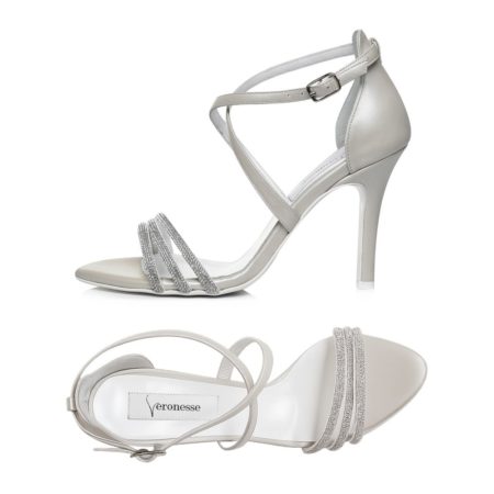 Sandale de mireasă ivory din piele naturală, cu cristale și toc înalt