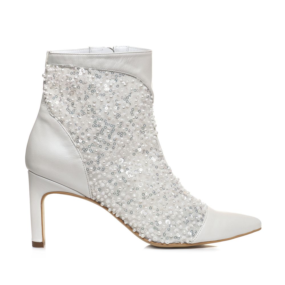 Botine albe Nyra din piele naturală și dantelă cu perle