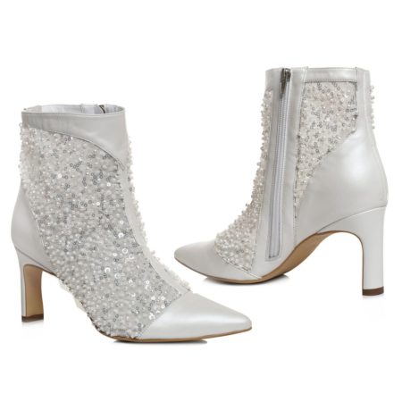 Botine mireasă albe cu dantelă și perle, vedere laterală