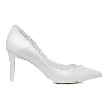 Pantofi Cassandra albi din piele naturală cu perle pe contur, vedere laterală
