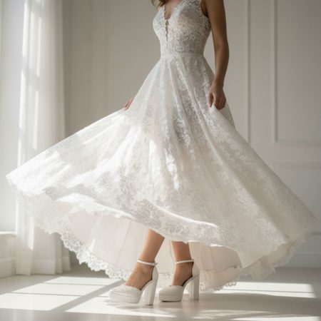 Pantofi Flavius Platform albi cu perle purtați, platformă și toc înalt