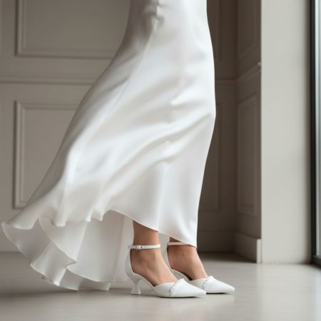 Pantofi Yannis albi cu perle purtați, toc clepsidră 5,5 cm