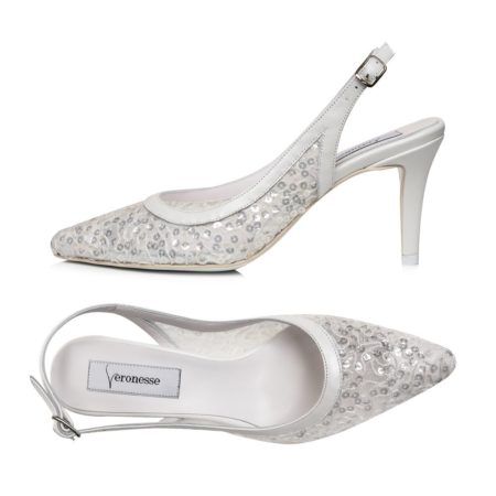 Detaliu dantelă cu paiete argintii pantofi slingback Elise alb Veronesse