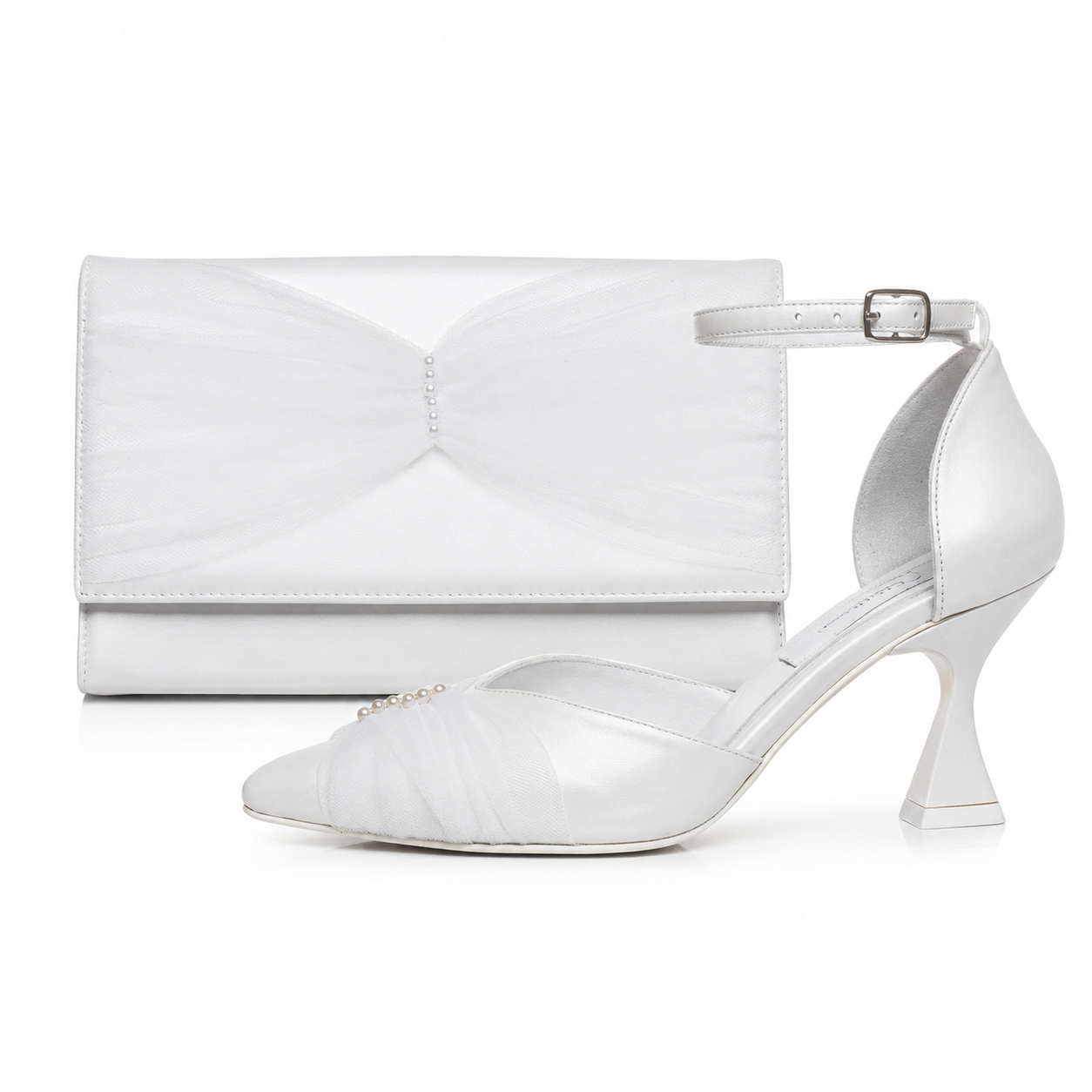 Set mireasă Venera Pearl alb sidef — pantofi cu voal și perle și geantă asortabilă, piele naturală