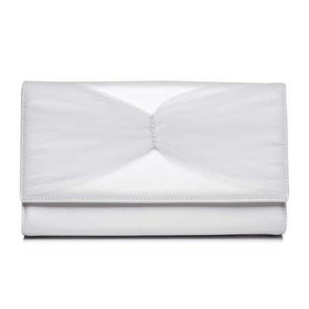Geantă mireasă Venera Pearl cu clapă drapată și perle, piele naturală alb sidef, vedere frontală