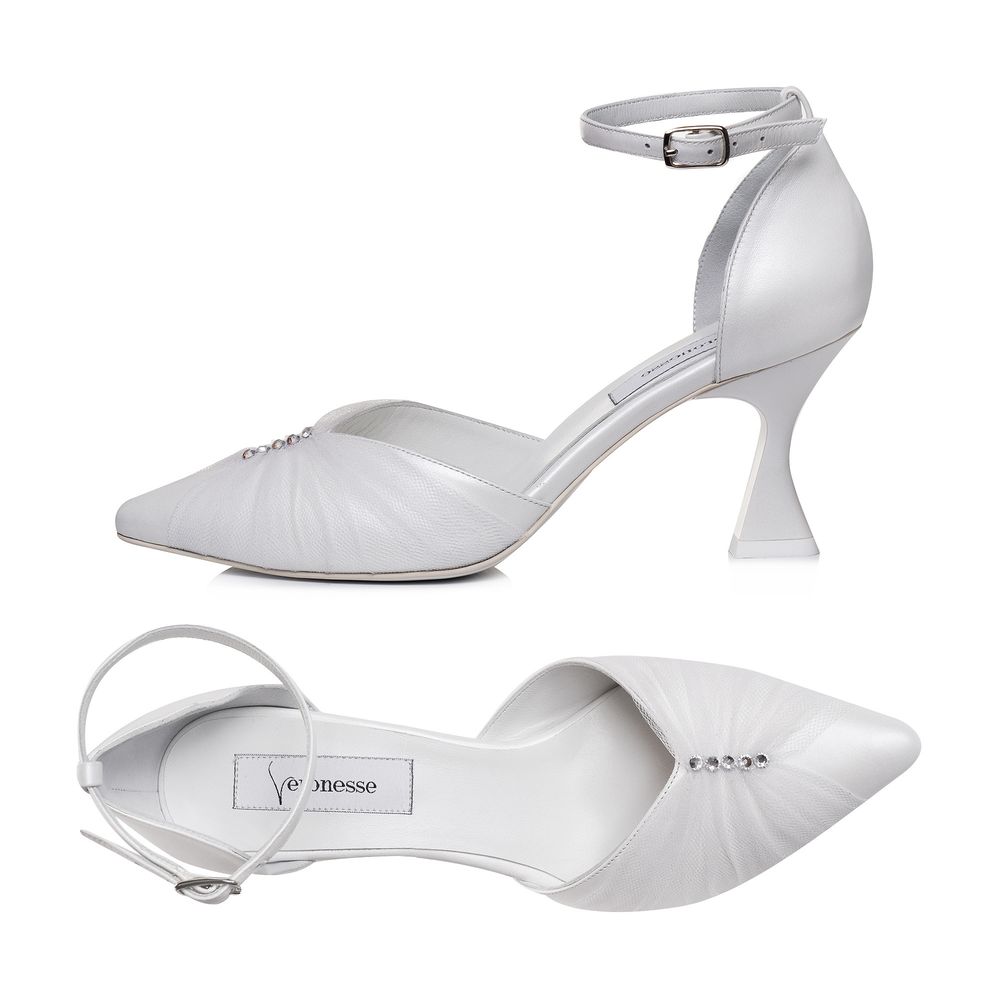 Pantofi mireasă Venera cu cristale alb sidef, vedere de sus, piele naturală nappa