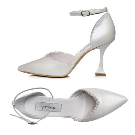Pereche pantofi mireasă Flavius H9 alb sidef cu perle pe margine, piele naturală nappa