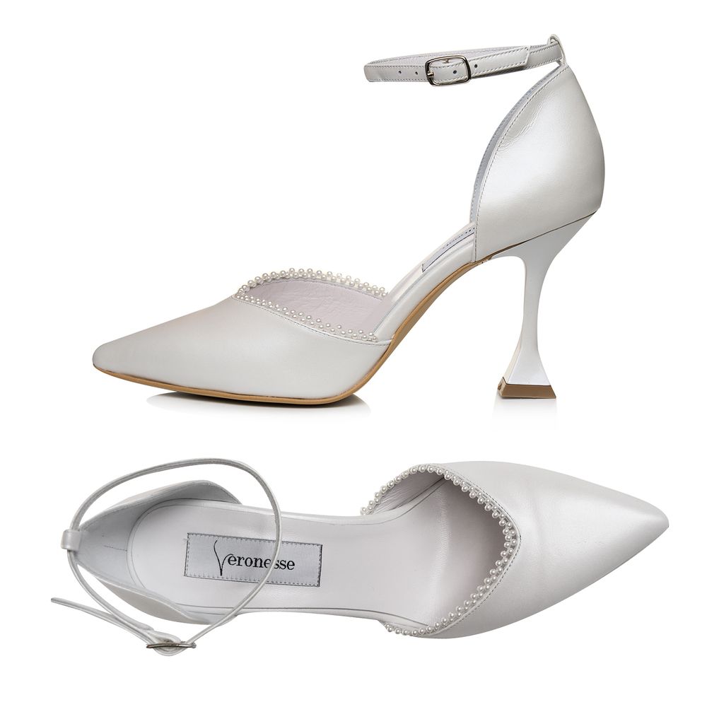 Pereche pantofi mireasă Flavius H9 alb sidef cu perle pe margine, piele naturală nappa