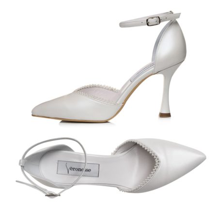 Pereche pantofi mireasă Flavius H9 Stiletto alb sidef cu perle pe margine, piele naturală nappa