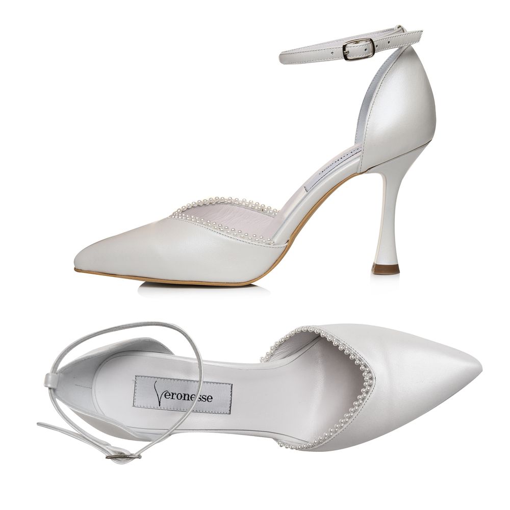 Pereche pantofi mireasă Flavius H9 Stiletto alb sidef cu perle pe margine, piele naturală nappa