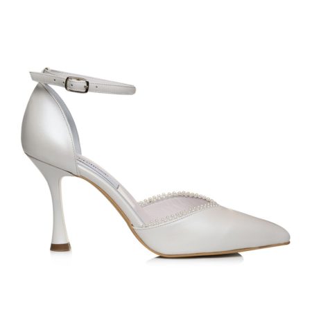 Pantofi mireasă Flavius H9 Stiletto alb sidef din piele naturală nappa cu perle pe margine și toc stiletto evazat 9 cm, vedere laterală