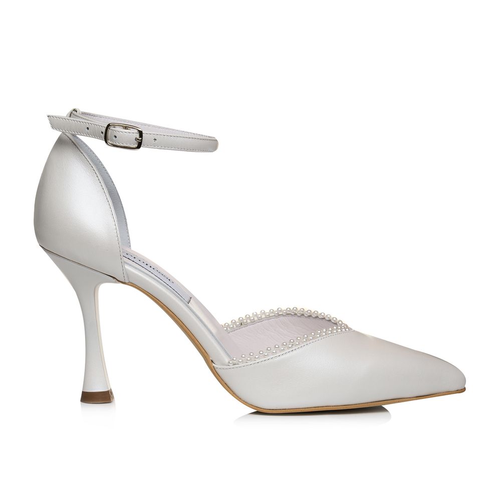 Pantofi mireasă Flavius H9 Stiletto alb sidef din piele naturală nappa cu perle pe margine și toc stiletto evazat 9 cm, vedere laterală