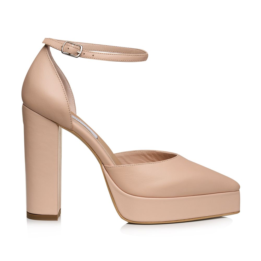 Pantofi Serena nude din piele naturală cu toc bloc 11 cm, platformă și vârf ascuțit, vedere laterală